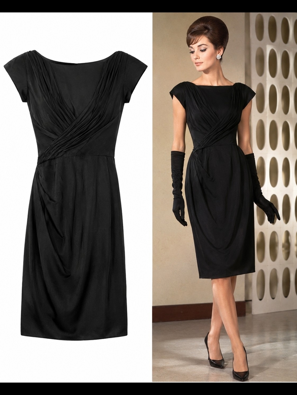 Classic Black Cap-Sleeve Draped Midi Dress